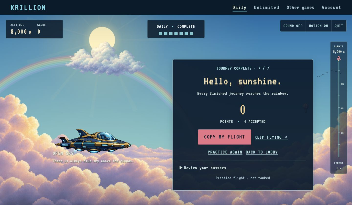 Completed Noillirk Daily flight at 8,000 metres with sunshine, a rainbow and the results panel